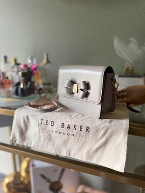 Ted Baker Soft Taupe Bow Detail Crossbody Bag with Rose-Gold Chain